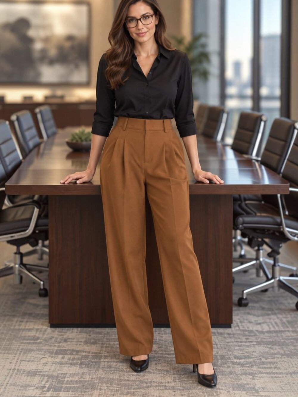 NiMin Brown Trouser Pants Medium High Rise Wide Leg Tailored